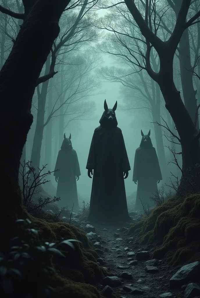 dark earth, dense forest, hard to see, people with dead animal masks. A deadly cold and a feeling of being hunted.

Domain expansion: black forest create an image 