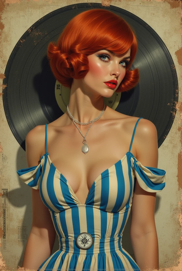 Redhead woman with short hair in a blue striped dress with a low neckline on an old 45 rpm record cover