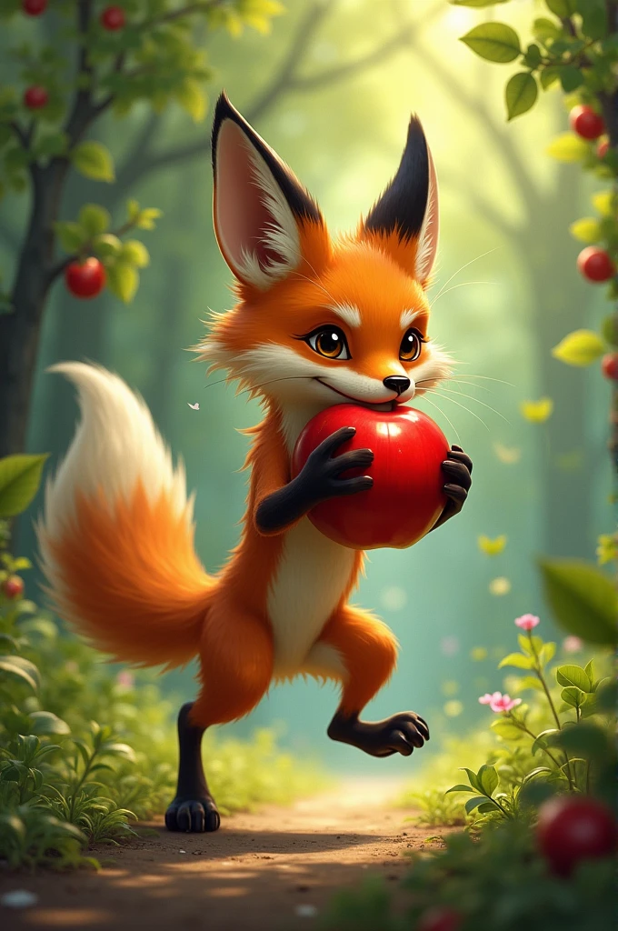 Fox with an apple in its mouth