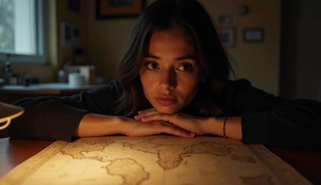 Scene 8: Maya’s Dorm Room - Night (Maya sits in her room, pondering the Dean’s words. She looks at the map again, then at the mysterious artifact she had taken from the chamber, which now sits on her desk. She knows she should leave it alone, but the mystery continues to tug at her curiosity.) maya is young beautiful university student girl the scene is maya point of view to looking at her desk