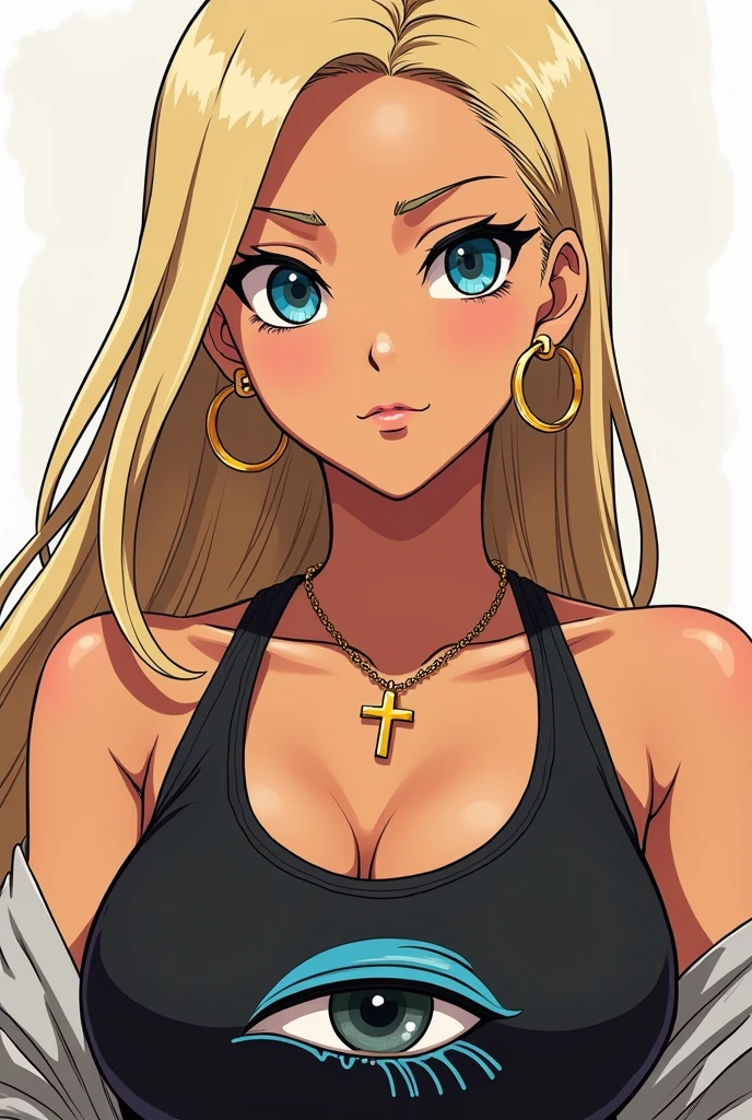 Manga character girl long straight blond hair with blue eyes quite tanned black tank top Christian cross in gold creoles and fine gold eyeliner