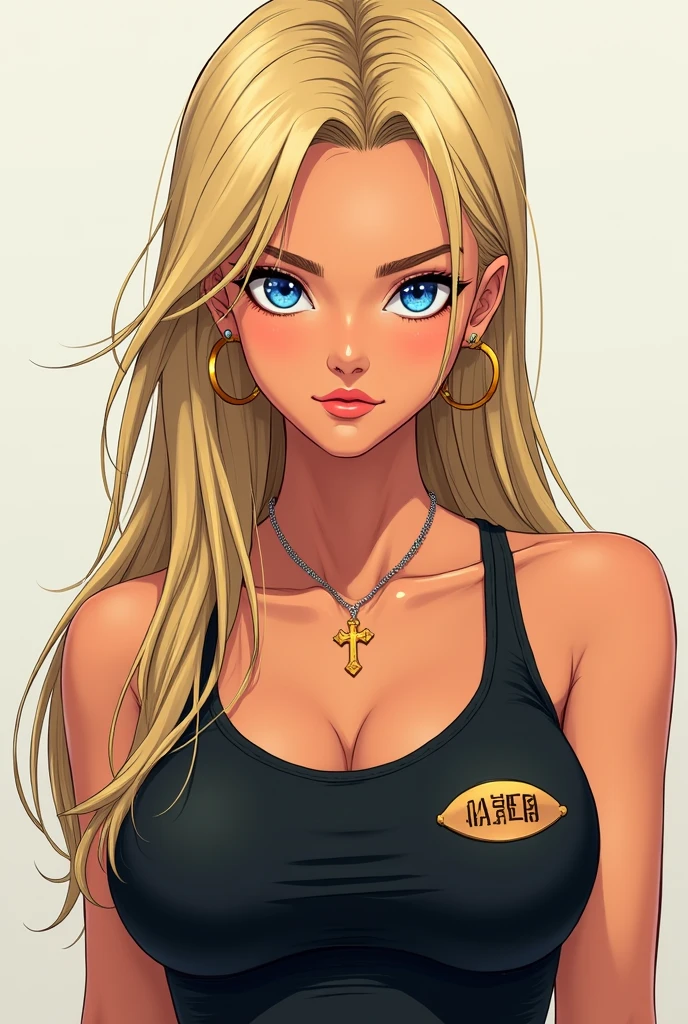 Manga character girl long straight blond hair with blue eyes quite tanned gold Christian cross around the neck and thin gold hoop earrings black tank top eyeliner logo