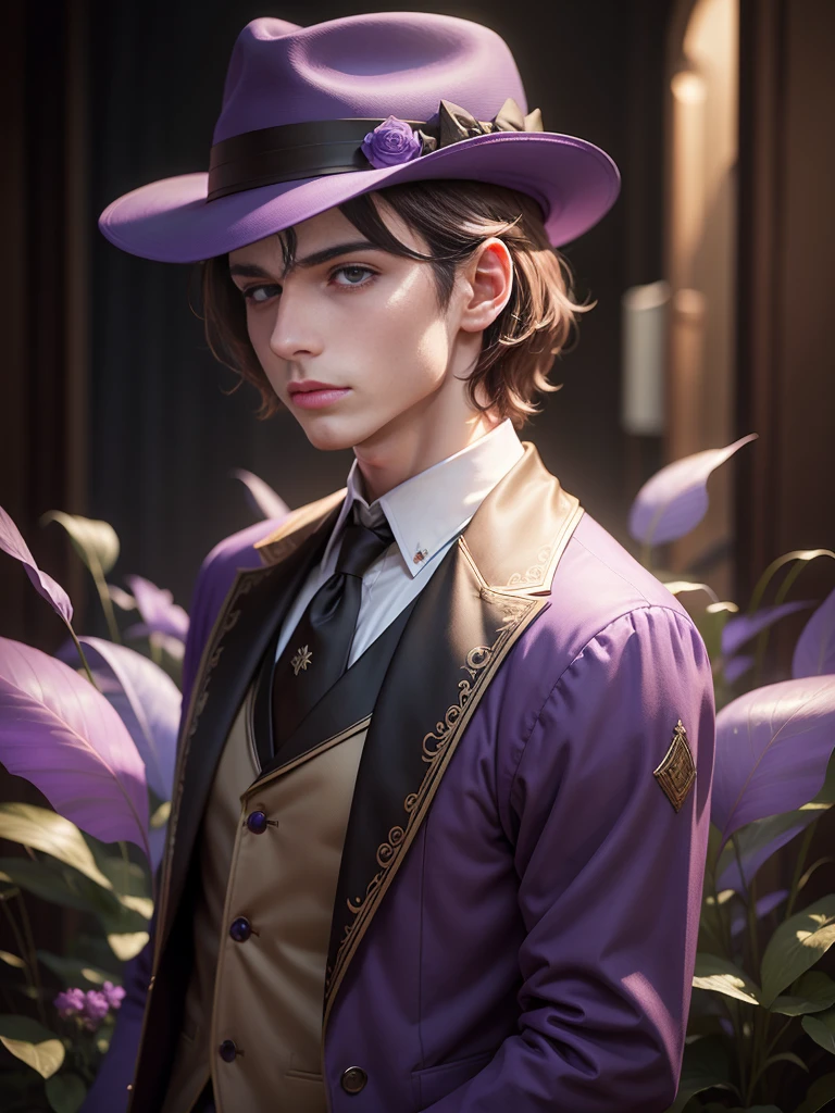 Alone, High resolution, looking at the viewer, violet eyes, masterpiece, The best quality, Awarded many times, detail, HD Model, details altos, high quality, quality, Very detailed, UHD, pale, Fedora, blurred, young, Chico, man, 1male, Brown hair, fantasy, violet eyes,