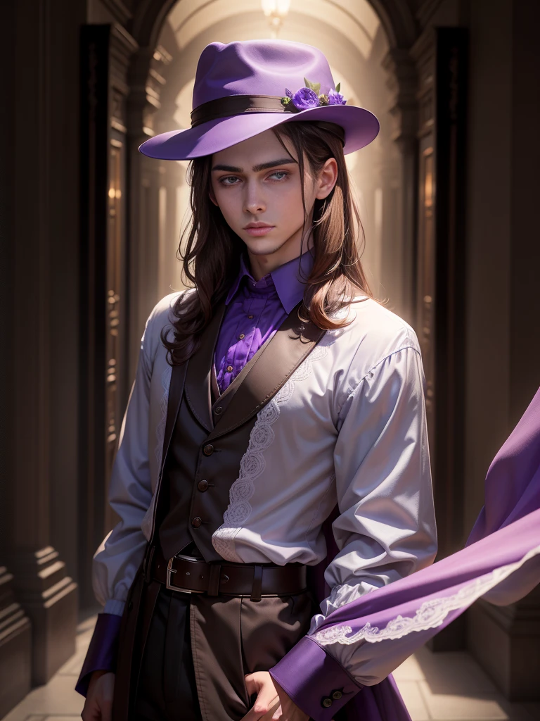 Alone, High resolution, looking at the viewer, violet eyes, masterpiece, The best quality, Awarded many times, detail, HD Model, details altos, high quality, quality, Very detailed, UHD, pale, Fedora, blurred, young, Chico, man, 1male, Brown hair, fantasy, violet eyes,