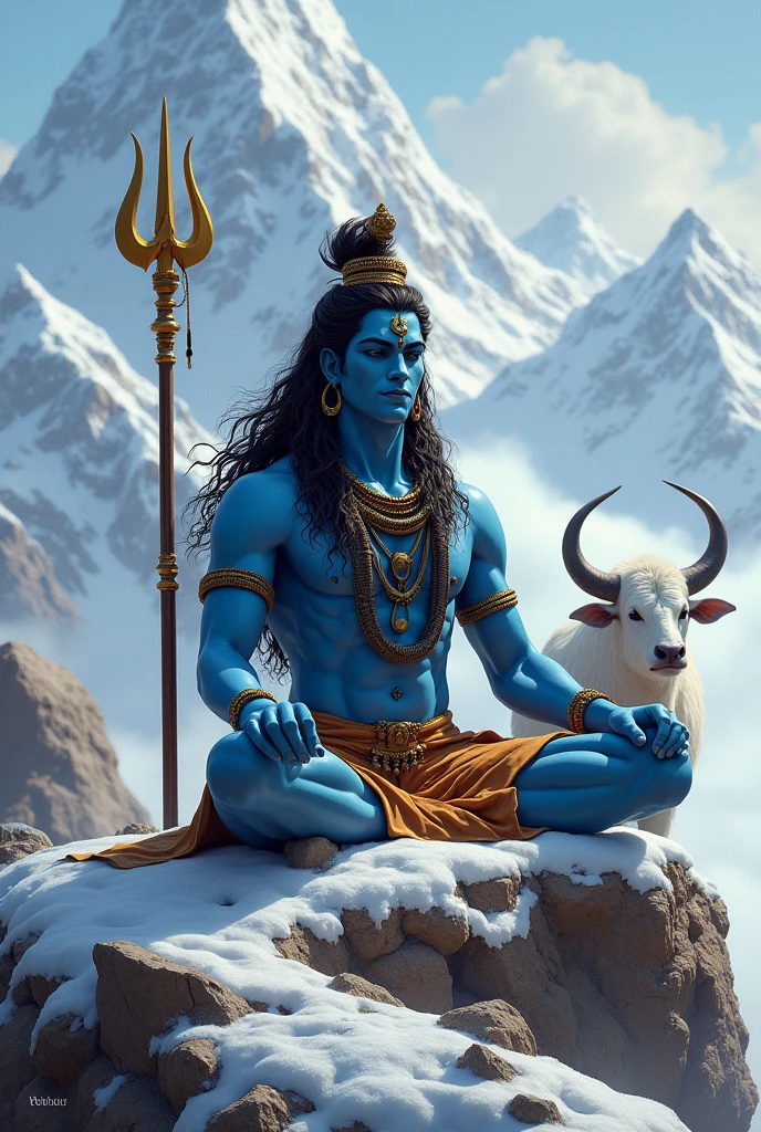 Most powerful divine personality shiva wearing tiger skin dress in bottom ,sneke is around the neckand shiva is sitting in meditation state on the hill , broad muscles, neck colour is blue, long tangled hair with half moon on his head, in background large mountain and snow is every where, left side trisul with damru, and a big white bull in the right side, undefined,