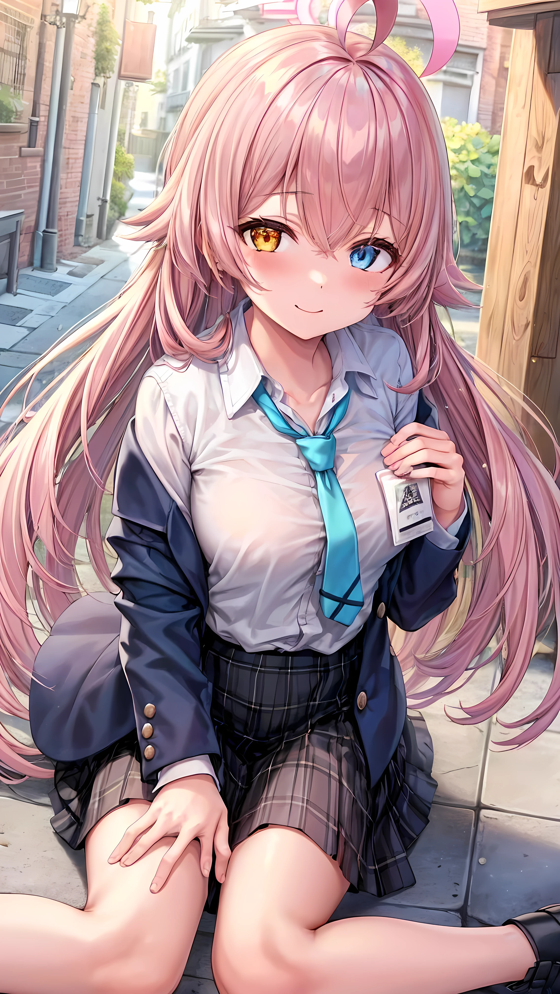 One girl, hoshino (Blue Archive), alone, Heterochromia of the iris, Pink Hair, skirt, Long Hair, tie, Ahoge, shirt, Hello, Plaid skirt, Blue eyes, Plaid, View your viewers, white shirt, Sitting, orange eyes, chest Harness, Harness, Long sleeve, ID card, Open your mouth, very Long Hair, collared shirt, smile, Blue tie, bangs, thighs focus, Between the legs, hand Between the legs, blush, Hair between the eyes, BREAK つやのある瞳, Beautiful Eyes, Enchanting, Erotic, つやつやな肌 BREAK indoors, BREAK looking at viewer, (Dynamic Angle, whole body:1.5), smile, Composition from below, Thighs, sexly, BREAK (masterpiece:1.2), Highest quality, High resolution, unity 8k wallpaper, (figure:0.8), (Beautiful fine grain:1.6), Highly detailed face, Perfect lighting, Highly detailed CG, (Perfect hands, Perfect Anatomy) BREAK ((masterpiece,Highest quality)), Super detailed, Shine, shine, Ray Tracing, (Perfect Face, Detailed face, Fine grain, Perfect hands, Perfect Fingers:1.5), HD, Super cute face, Highest quality, Super detailed, BREAK Shine目, (highest quality realistic illustrations), (Super fine), (Cute illustrations:1.3), (High chroma:1.3), BREAK 詳細な美しい顔と目, Dynamic lighting, (Very delicate and beautiful), BREAK (Nice hands), (Perfect hands:1.4), Highly detailed illustration, Super cute and beautiful, Highest quality, Slender, petite,ベビーフェイス BREAK,(Outdoor, (street, Alley:1.5), (Complex background, There are many elements in the background:1.2), ((Super detailed background)), ((8K wallpaper)),