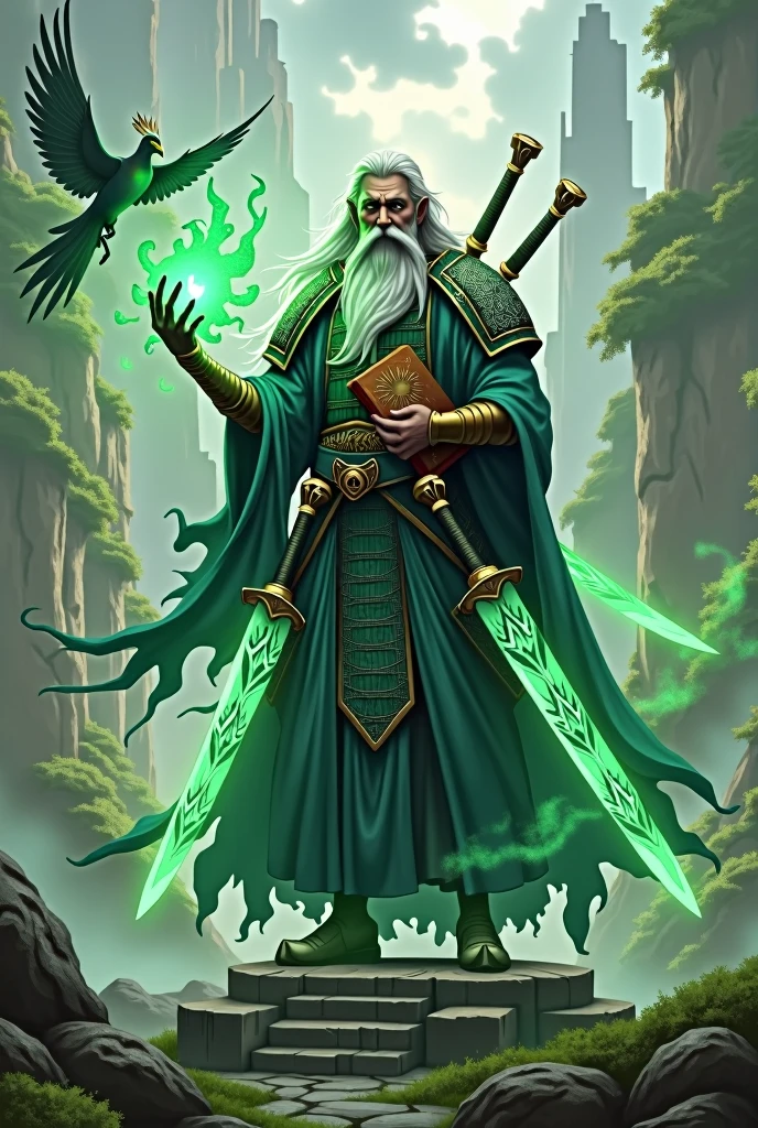 A samurai in a green suit and white hair, Four magic sabkes and a magic book, background of a magical kingdom and a majestic phoenix at its side.