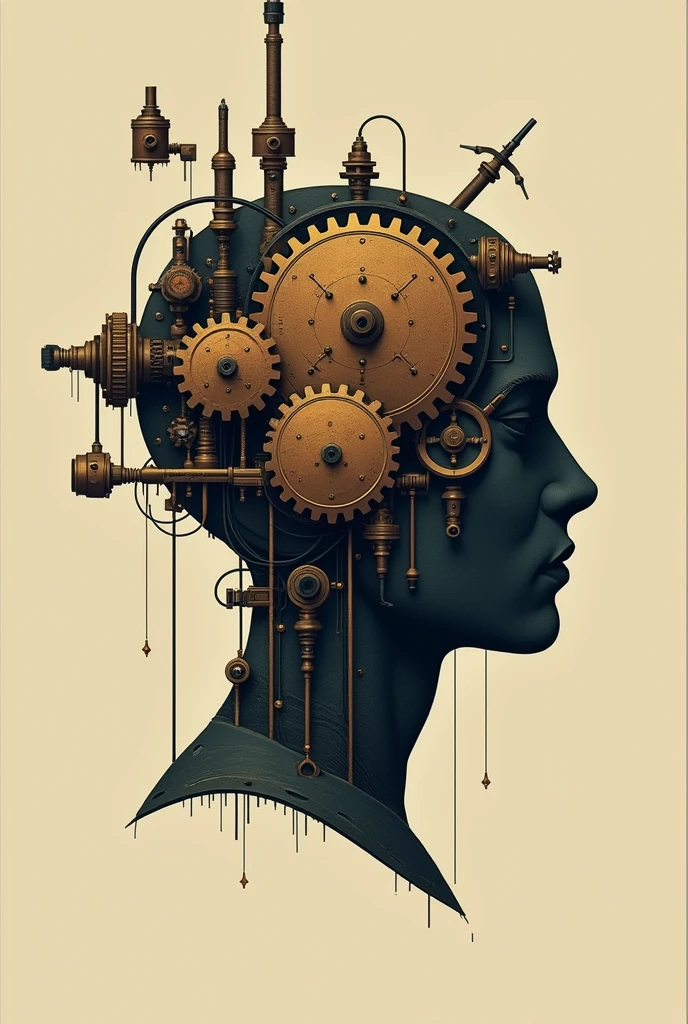 A minimalist profile illustration of a steampunk-inspired mechanical head in the style of Olly Moss. The head is composed of intricate gears, cogs, and brass plates, with visible rivets and bolts. Tubes and cables extend from various points, giving the appearance of an elaborate, functional machine. The design features a rich, metallic color palette, emphasizing bronze, copper, and iron tones, contrasted with deep shadows. The image uses negative space effectively to highlight the mechanical complexity, creating a striking, modern, and industrial steampunk atmosphere