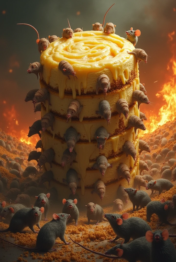 100 rats eating a monster made of cheesecake, struggling, suffering, fire around