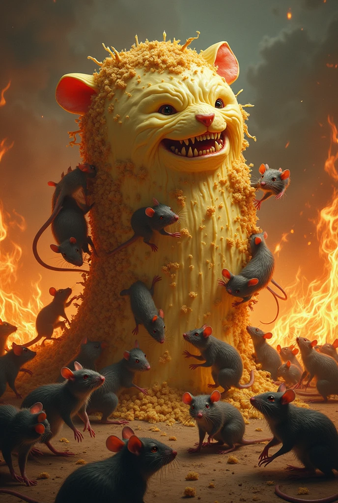 100 rats eating a monster made of cheesecake, struggling, suffering, fire around