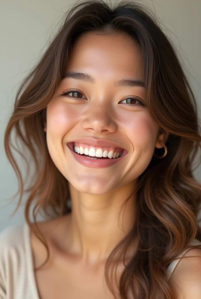 I want you to create a scene of this girl smiling genuinely with a happy look on her face 