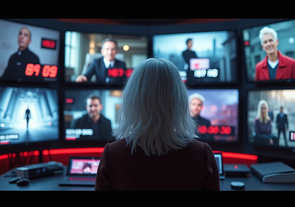 woman white hair,Local: A control room full of screens showing different points of the city.
• Action: Avenger Drama is in front of the screens, observing several marked targets, including powerful figures in the city. He grins mischievously as a countdown begins to appear on the screens..
• Effects: Red lighting flashes as the countdown progresses, creating an atmosphere of growing tension.