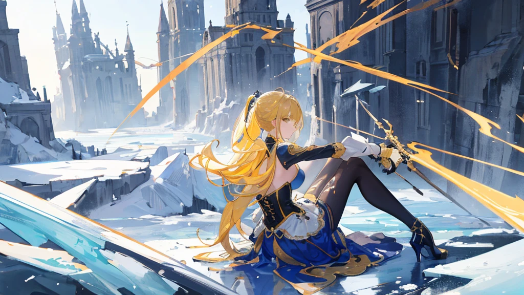 (best quality, masterpiece, detailed), (Expansive landscape photograph where castles, and Ice plains), yellow-haired blue-dressed girl, solo, backshot, look at viewer,  cinematic lighting, clean line drawing, bright colors, modern anime style, late 10s, long twin-tail hair, intricately designed costumes, long gloves, corset, tights, heels, golden embroidery, rococo style, full body drawing