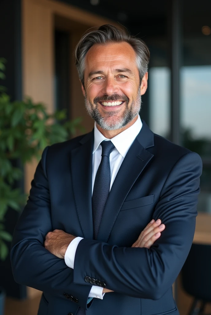 "A man in his forties, avec une apparence soignée et professionnelle. He wears a well-fitted suit, with a white shirt and a discreet tie. Her hair is neatly styled, and he has a welcoming smile that inspires confidence. Il se tient debout avec une posture droite, arms slightly crossed, in front of a sober but modern background, évoquant un environnement de bureau ou un cadre professionnel. His eyes reflect reliability and assurance., symbolizing a serv