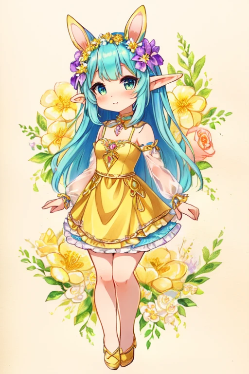drawing of a girl in a yellow dress with a flower in her hair, full color drawing, elf girl wearing an flower suit, colored drawing, full body portrait of a short!, original chibi bunny girl, in a fancy dress, full body with costume, full body picture, traditional art, !!full body portrait!!, pixie character, full body adoptable furry female sara rabbit