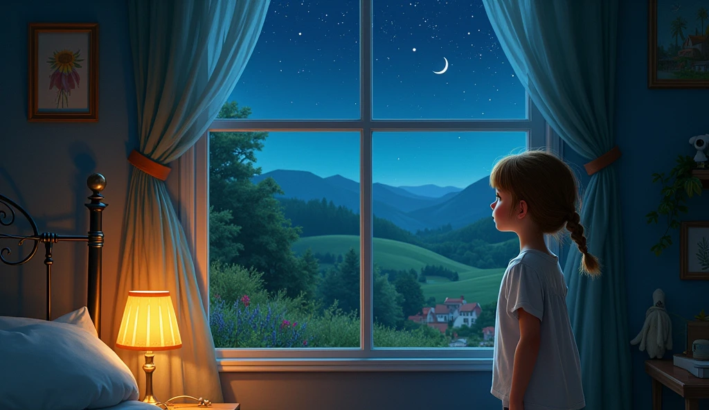 In a small town nestled between rolling hills and a dense forest, there lived a young girl named Lily. She was an adventurous spirit, always curious about the world around her. One night, as she was getting ready for bed, she heard a soft knock on her window. Startled, she peeked through the curtains but saw nothing but the dark, starry sky.