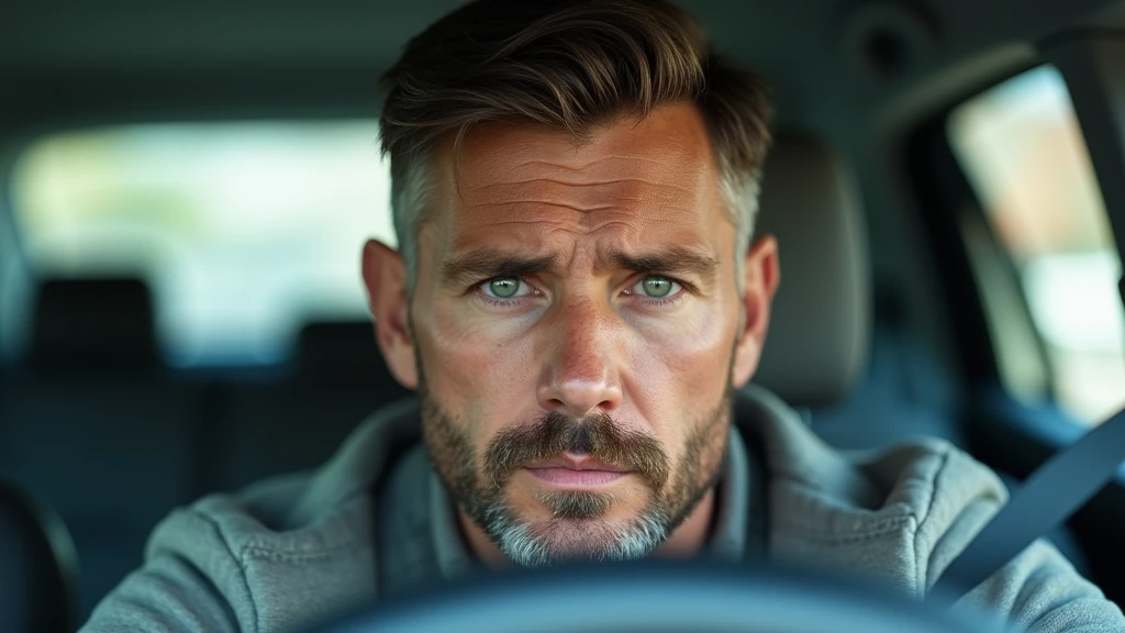 Ultra-realistic portrait of a man in his 40s. He has brown hair with a few white strands, a neatly trimmed beard and green eyes that reflect relief and exhaustion. His face is well defined, and his expression suggests tiredness and relief. The portrait should be from the waist up. He is wearing casual clothes.

The man is sitting inside a car, with the steering wheel and dashboard visible but blurred so as not to distract from the main subject.

The lighting should be soft and natural, with daylight coming in through the car windows, creating subtle shadows that accentuate the man's relieved expression. The light should highlight the green eyes and the texture of the skin, emphasizing the seriousness of the situation.

The image should convey a sense of relief and exhaustion, with a touch of dissipated tension. Suggest a neutral color palette, such as greys and blues, that complements the interior of the car.

The photo should be of high quality, with 8k rendering and extreme detail, capturing the emotional essence of the moment.