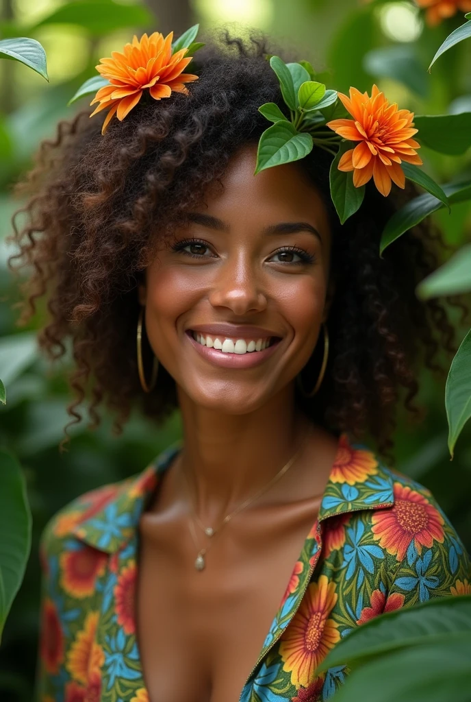 A Brazilian woman in a lush tropical garden, wearing an open shirt with a floral print, with a close-up capturing the harmonious beauty between her breasts and the natural flowers, showing off your natural charm and outgoing personality.
