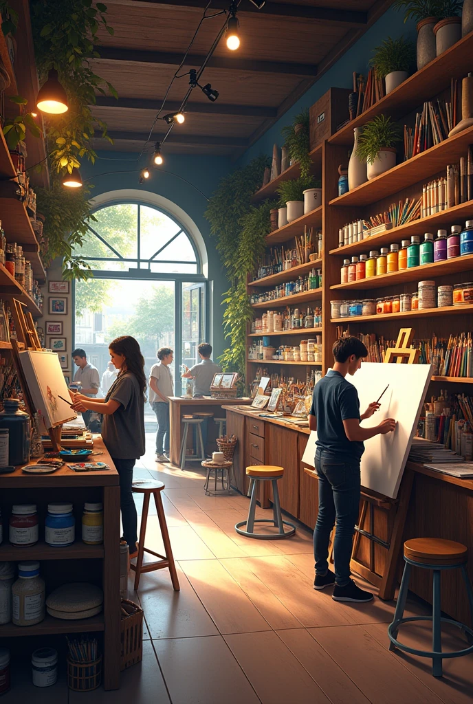 (photorealism:1.2), PHOTOGRAPH OF AN ART STORE, FILLED WITH MANY WATERCOLOR PAINTINGS, paints, COLORED PENCILS AND EASELS FOR PAINTING, masterpiece