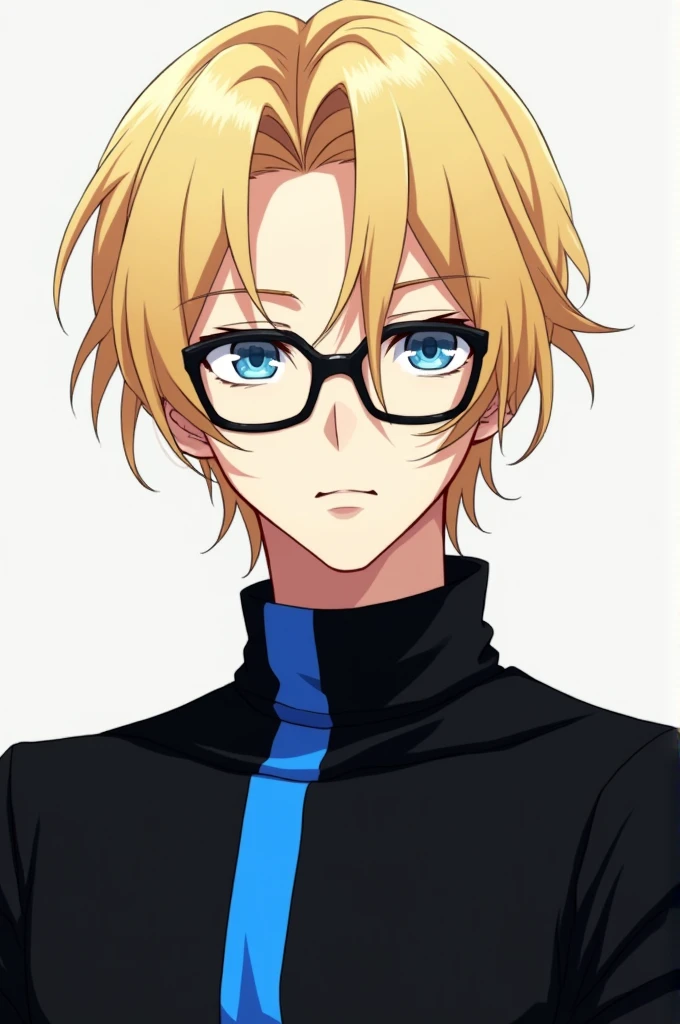 Create a male anime character with blonde hair and black glasses wearing a black shirt with a blue vertical line