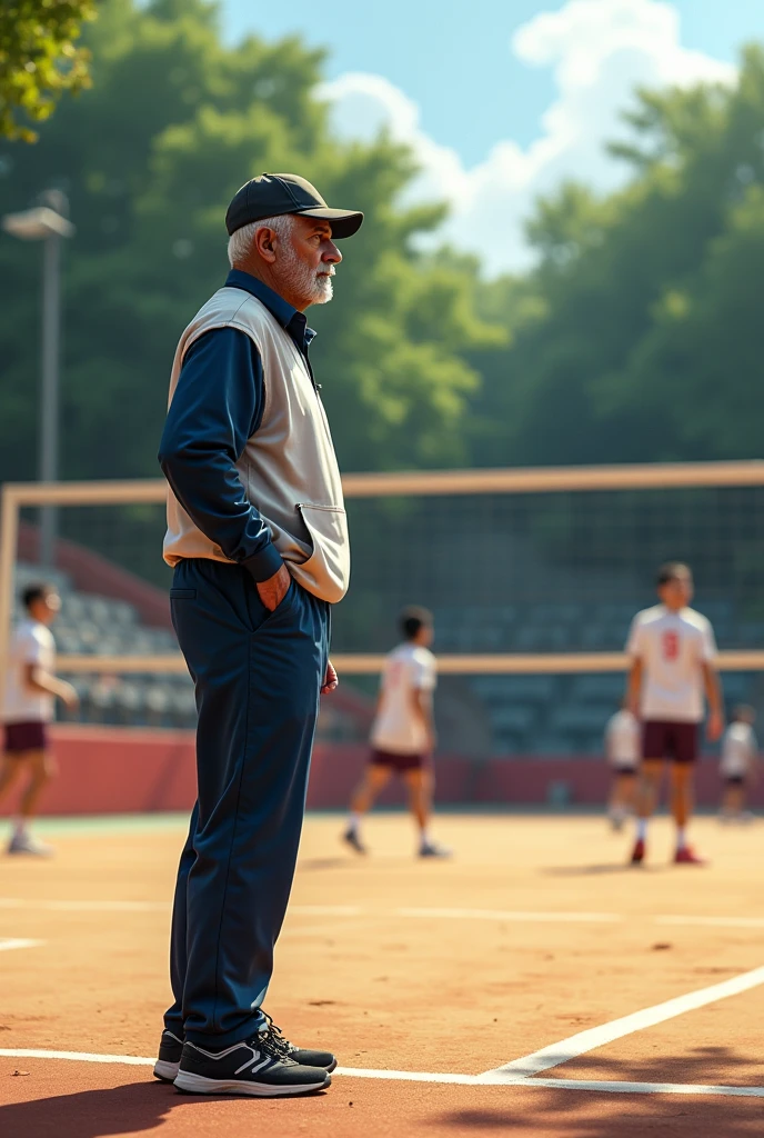 A man standing outside the volleyball ground as a coach of volleyball team Also write his name Irshad Hussain