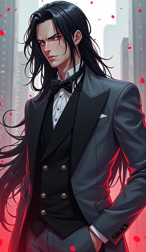 Anime-style character design, white male protagonist with long, sleek black hair cascading to his shoulders, elegantly styled for maximum impact, dressed in a chic grey tuxedo tailored to perfection, striking vampiristic features reminiscent of Henry Cavill illuminated by moonlight, vivid reddish eyes exuding an enchanting glow, embodying both charm and mystery, intricately detailed  structure highlighting angular cheekbones and bold jawline, seamless artistic fusion of vintage comic book aesthetics and modern anime style, dynamic pose suggesting both fluidity and confidence, capturing the energy and charisma of this captivating character within an urban fantasy context, abstract city skyline faintly blurred in the background, vibrant splashes of color around the character enhancing the visual narrative, rich contrasts and smooth gradients create depth and dimension, meticulously applied cell shading technique emphasizing the tuxedo's texture and the gleam of his hair, whimsical stylistic elements inspired by Urban Rivals blending harmoniously to heighten the character's appeal, artistic expression reaching a crescendo to deliver a masterpiece that captures the viewer's attention and imagination