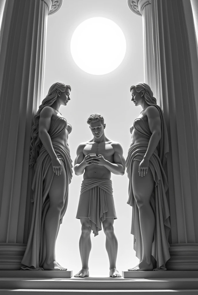 In grayscale with the sun at the top the goddess Aphrodite the goddess Minerva the god Hercules between two columns using a cell phone looking down at his feet