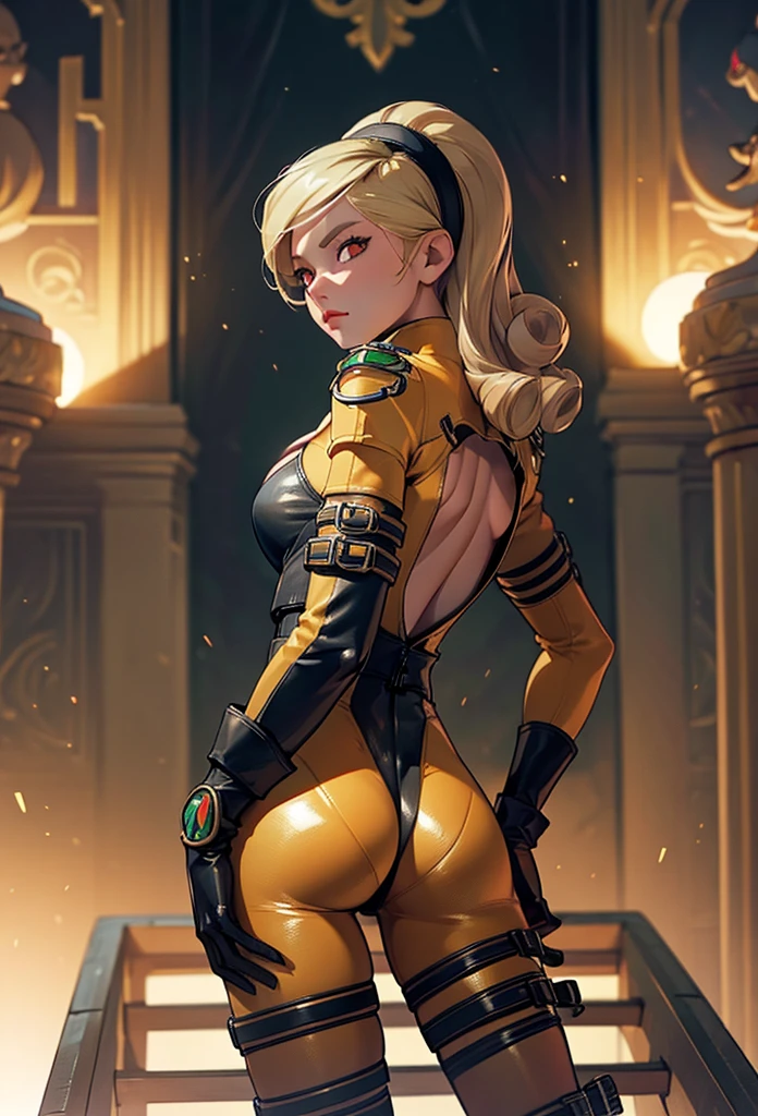 perfect eyes:1.2, detailed eyes:1.4, lienneville, from behind, ass, looking back, mansion, blonde hair, hairband, red eyes, bodysuit, large breasts, cleavage, gloves, medium full shot, thigh-level shot, 1girl, solo, (masterpiece:1.6, best quality),