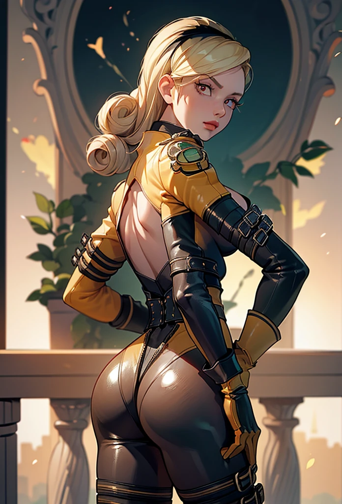 perfect eyes:1.2, detailed eyes:1.4, lienneville, from behind, ass, looking back, mansion, blonde hair, hairband, red eyes, bodysuit, large breasts, cleavage, gloves, medium full shot, thigh-level shot, 1girl, solo, (masterpiece:1.6, best quality),