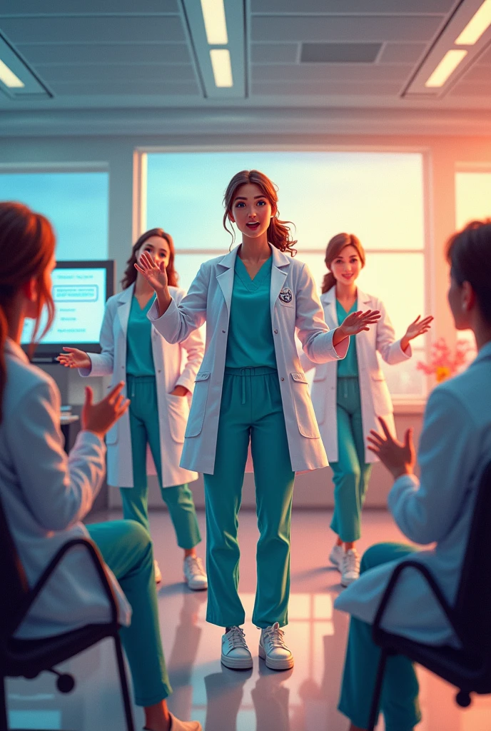 Generate an image of female doctors setting in the seminar room of the hospital in the frignited way.
