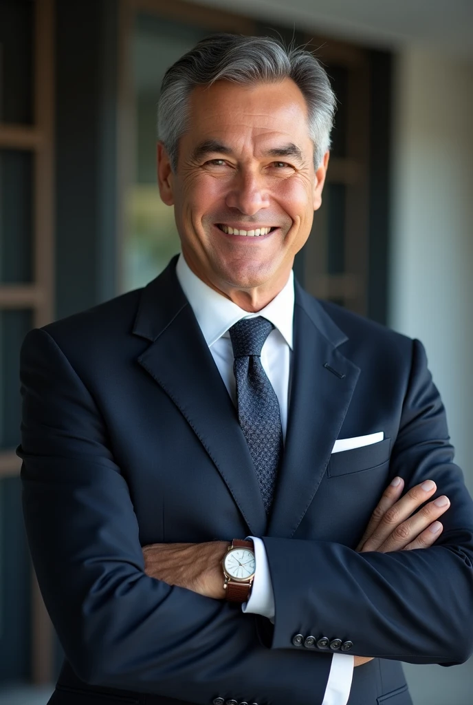 "A man in his forties, avec une apparence soignée et professionnelle. He wears a well-fitted suit, with a white shirt and a discreet tie. Her hair is neatly styled, and he has a welcoming smile that inspires confidence. Il se tient debout avec une posture droite, arms slightly crossed, in front of a sober but modern background, évoquant un environnement de bureau ou un cadre professionnel. His eyes reflect reliability and assurance., symbolizing a serv