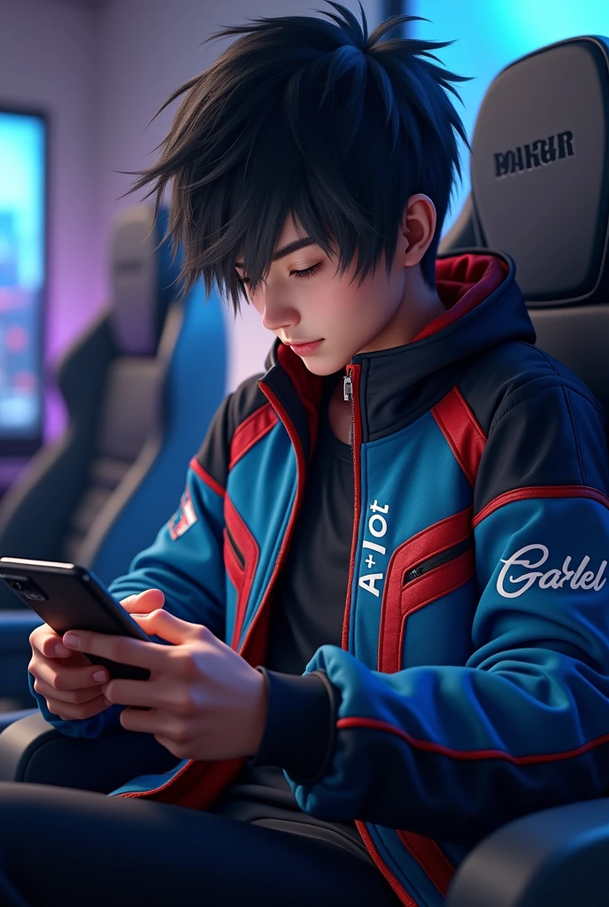 ((best quality)), ((masterpiece)), (detailed), perfect face A gamer focused on playing on a cell phone. He wears a custom jacket with his name on it. "Arlott" written on the chest and "Gabriel" on the right arm. The jacket is black in color, blue and red, inspired by the character Arlott from Mobile Legends. The player has messy black hair, brown skin and a defined physique. He is sitting in a gaming chair with gray accents., in a modern environment with soft lighting that highlights the colors of the jacket and the features of your face while you play with focus and determination.