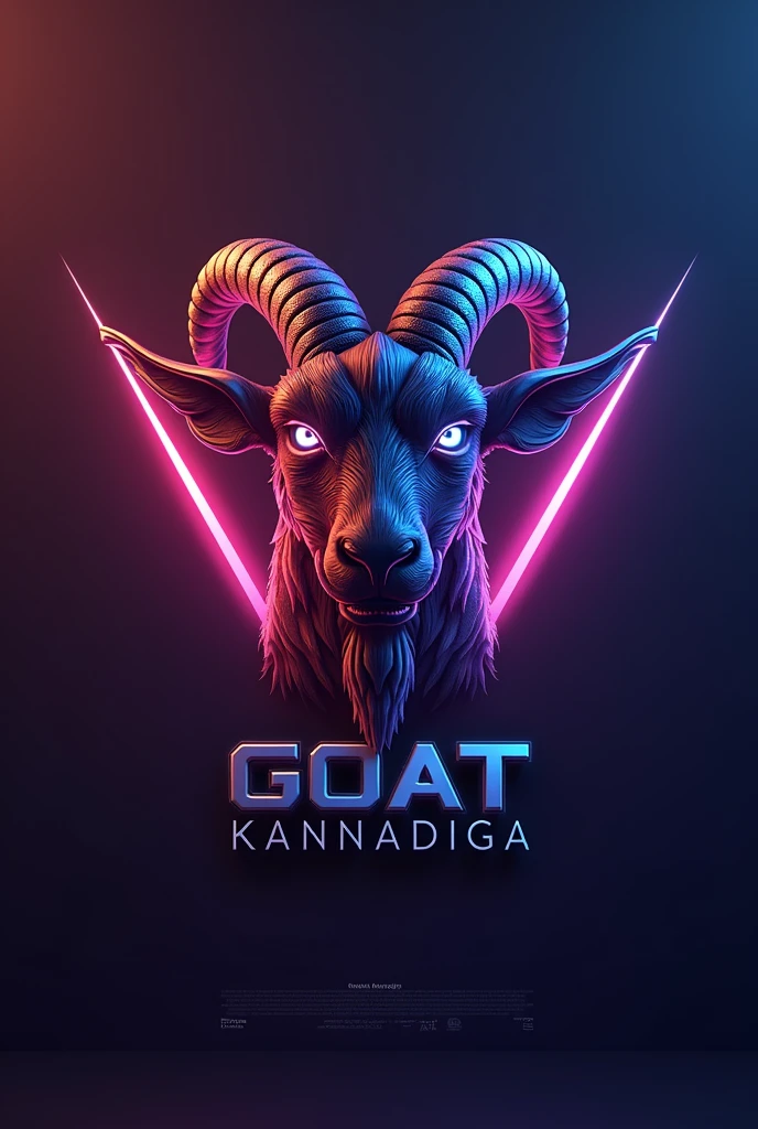 This is a gaming 3D logo that features the name "GOAT KANNADIGA" in a futuristic font style and a mixed color. and Goat avtar, The logo also has a stylized emblem icon and the name should inside the emblem. The logo is designed to be attractive and eye-catching, and to appeal to gaming enthusiasts.