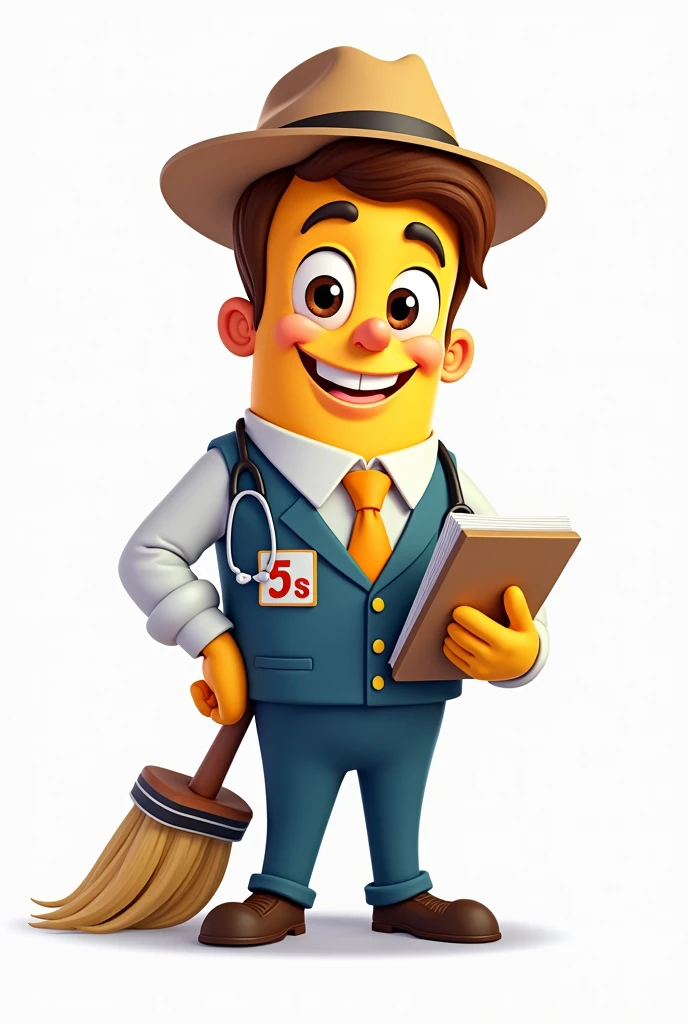 I want you to create a mascot named Mr. Organized, resembling an animated character being a broom and wearing a uniform with icons representing the 5 S&#39;s. He has to have a stethoscope and a notepad, besides having a friendly and intelligent expression, inspiring motivation and creating positive habits in the workplace