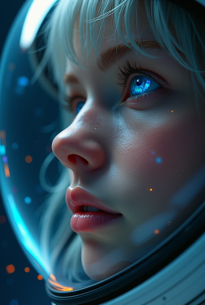 (Close-up of a better masterpiece:1.5)0.9], (Space and astronauts:1.2) (Messy silver hair:1.1) (Heterochromia xanthochromia and blue eyes:1.2) (Space Helmet:1.0) (Colored stars in the eyes:1.0) (A radiant glow:1.1) (thick lips:0.9)