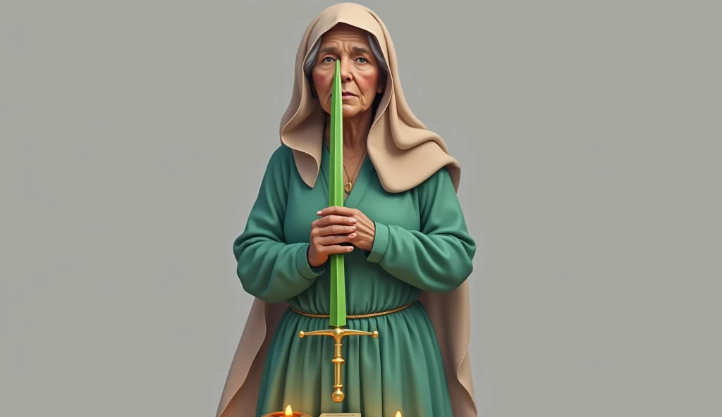 Create a detailed scene featuring an elderly Brazilian woman holding a 'Espada de São Jorge' (Saint George's Sword) plant. This plant is characterized by a single, long, and narrow leaf that resembles a sword or lance, rather than having multiple leaves. The leaf should be vibrant green, straight, and sharp-edged, extending from its base without any additional leaves or branches. The woman, dressed in traditional and simple clothing, holds the plant with both hands, as if it were an actual sword. She stands in a mystical, rustic setting—perhaps a garden at dusk or a dimly lit room filled with spiritual symbols like candles, statues, or other sacred objects. The overall atmosphere should be calm and reverent, emphasizing the plant's protective and spiritual significance in Brazilian culture. The lighting should be warm and gentle, casting soft shadows that add depth and a sense of sacredness to the scene.Crie uma imagem ultra-realista de uma mulher benzedeira tradicional brasileira, de 60 anos vestida com roupas requintadas SEGURANDO UMA PLANTA EM FORMATO DE LANÇA, EM FORMA DE ESPADA, UMA PLANTA VIVA, VERDE ALTA EM SUAS MÃOS SEGURANDO COMO UMA ESPADA. Ela está realizando um ritual de benzimento. segura planta espada de sao jorge. A benzedeira com uma biblia sobre a mesa, com arruda e manjericão, em suas mãos. Sua expressão é serena e focada enquanto realiza o ritual. no fundo velas, ervas aromaticas, santos variados, demonstrando energia e benção, A MULHER SEGURA UMA PLANTA QUE TEM O FORMATO DE UMA ESPADA, MAS É UMA PLANTA VIVA,