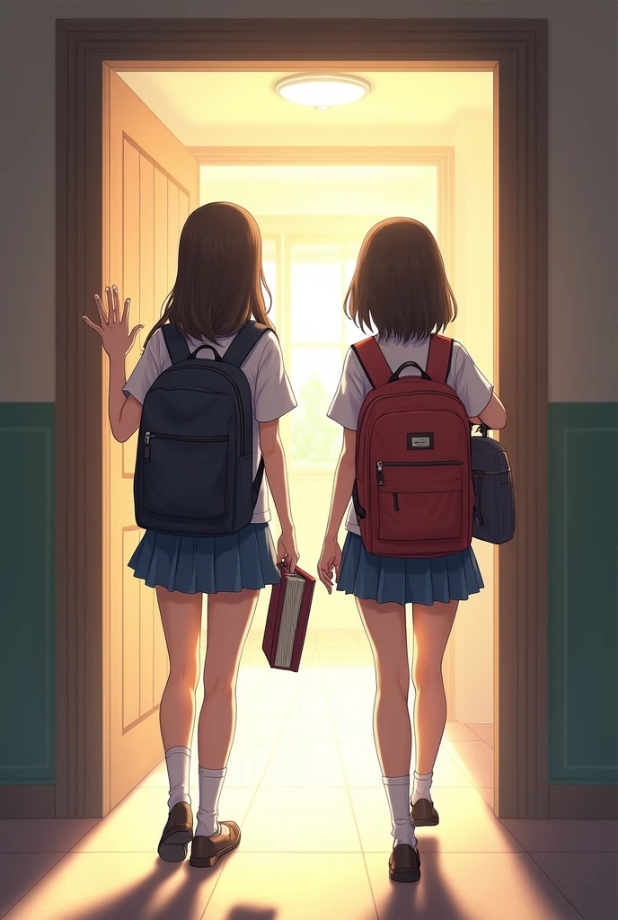 2 girl students walking in the door with their bags and books