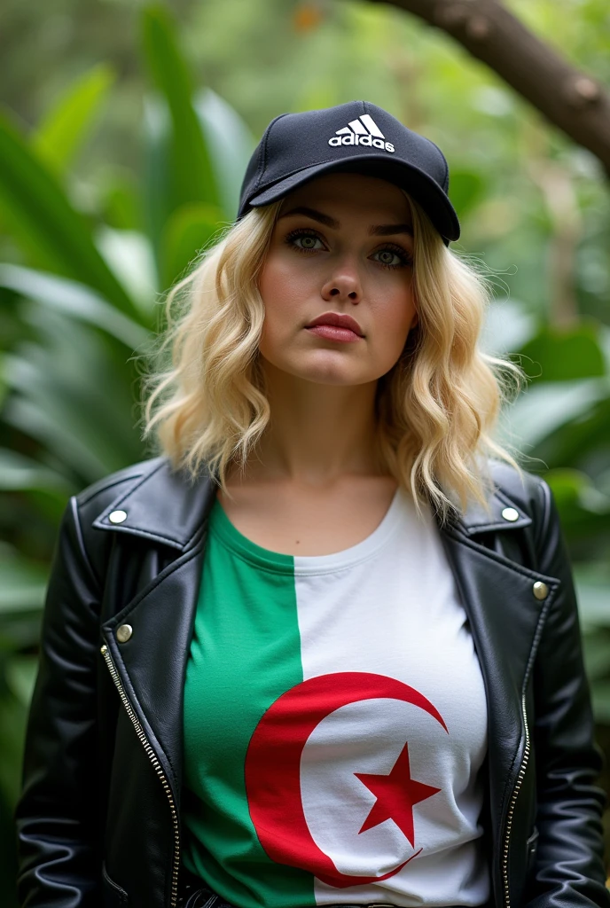 Close up, blonde, plump woman . Wearing a black leather coat, an Adidas hat, a white and green Algerian flag T-shirt, green nature background