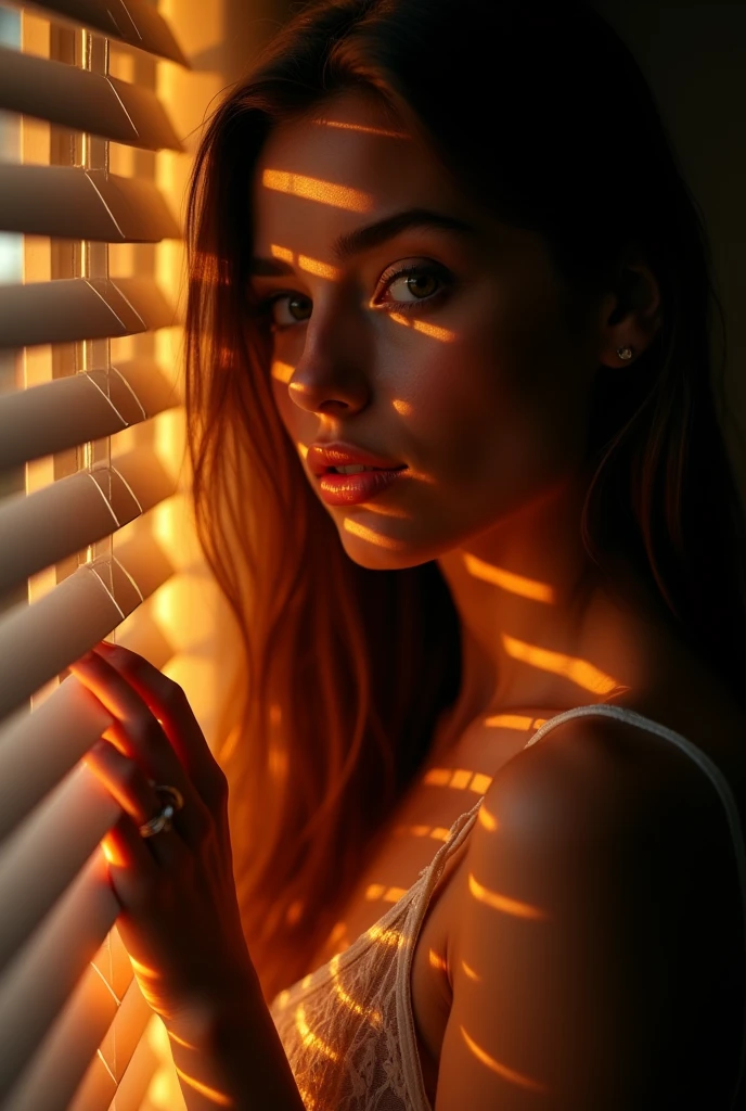 Portrait, masterpiece,best quality,official art, extremely detailed CG unity 8k wallpaper,absurdres,8k resolution, hyper realistic, ultra realistic, highly detailed, intricate detailed,
A beautiful Russian girl, 20 years old, sexy moist lips, wearing white lace spaghetti strap night dress, in very dark room, standing by the window with horizontal curtain blinds, the sunset light outside entering through the gaps of the curtains (((forming a sharp striped horizontal pattern on her face))), warm color grading, her hand slightly touching and opening the curtains for peeking outside, she's looking outside the windows. High contrast photo, strong shadow and highlight, ((dramatic lighting, low key photography)), her silhouette illuminated by a warm backlight. The hot light from behind creates a soft, golden glow around her figure, highlighting the curves of her body in a delicate and sensual manner, close photo taken