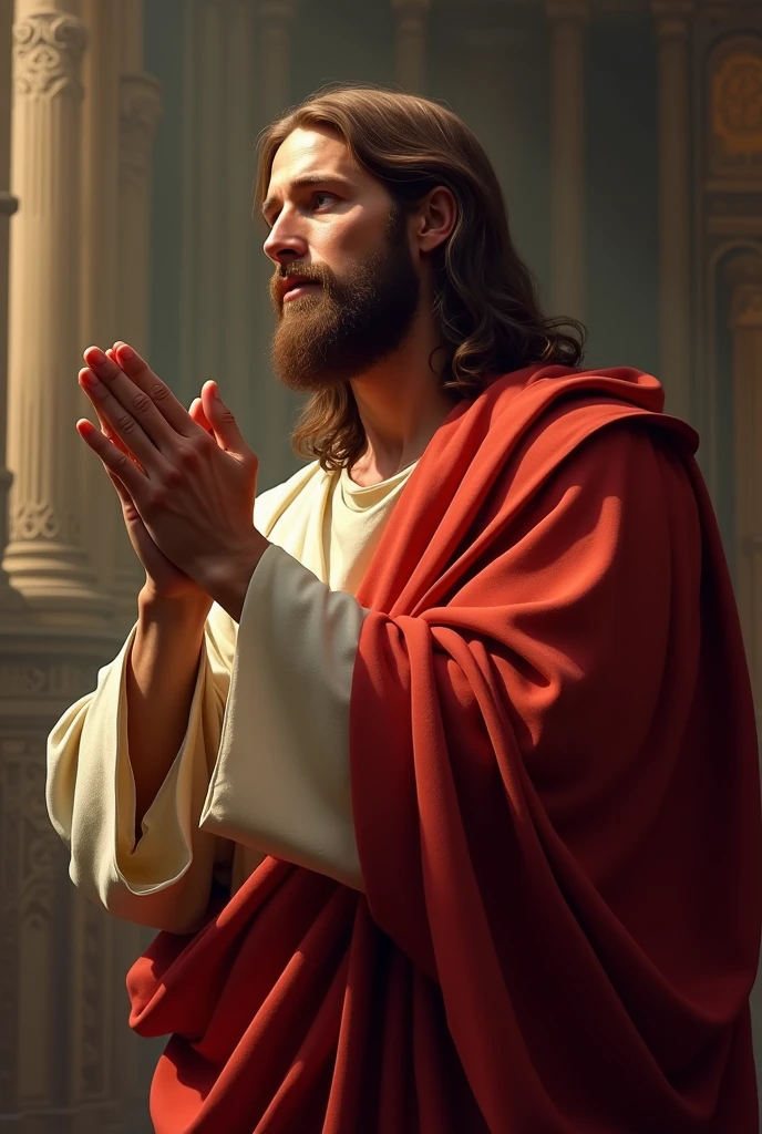 CREATE AN IMAGE OF JESUS WITH RED ROBES AND LONG HAIR, AND PRAYING TO GOD