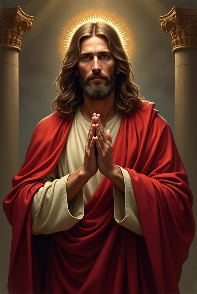 CREATE AN IMAGE OF JESUS WITH RED ROBES AND LONG HAIR, AND PRAYING TO GOD