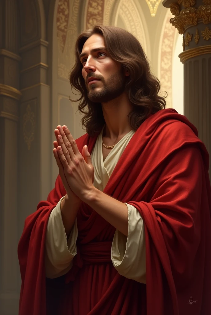 CREATE AN IMAGE OF JESUS WITH RED ROBES AND LONG HAIR, AND PRAYING TO GOD