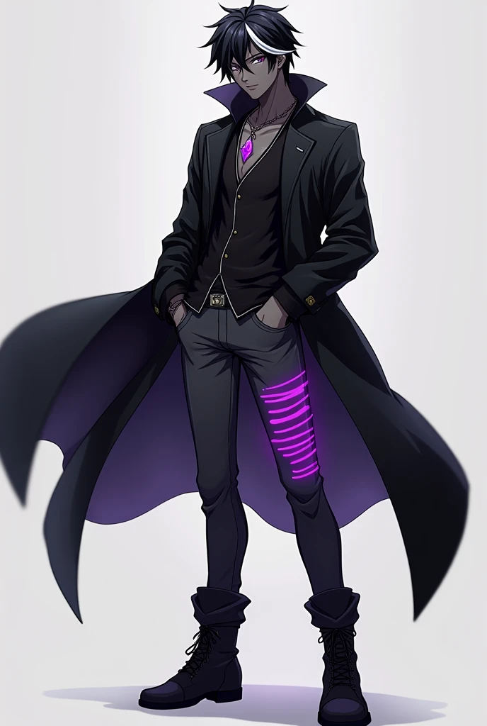 A sexy black skin, male anime character wearing a necklace with a purple gem on it, black hair with a white stripe on it and wearing a long, black, cool jacket and wearing a long, dark gray pants with purple glowing stripes on and wearing boots 