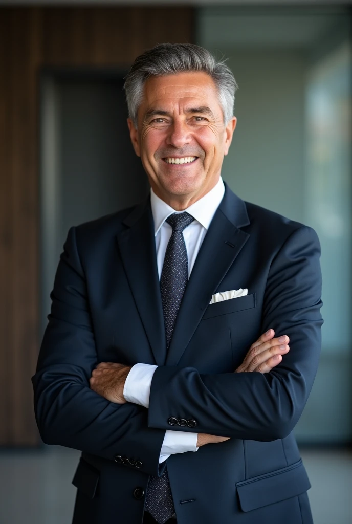 "A man in his forties, avec une apparence soignée et professionnelle. He wears a well-fitted suit, with a white shirt and a discreet tie. Her hair is neatly styled, and he has a welcoming smile that inspires confidence. Il se tient debout avec une posture droite, arms slightly crossed, in front of a sober but modern background, évoquant un environnement de bureau ou un cadre professionnel. His eyes reflect reliability and assurance., symbolizing a serv