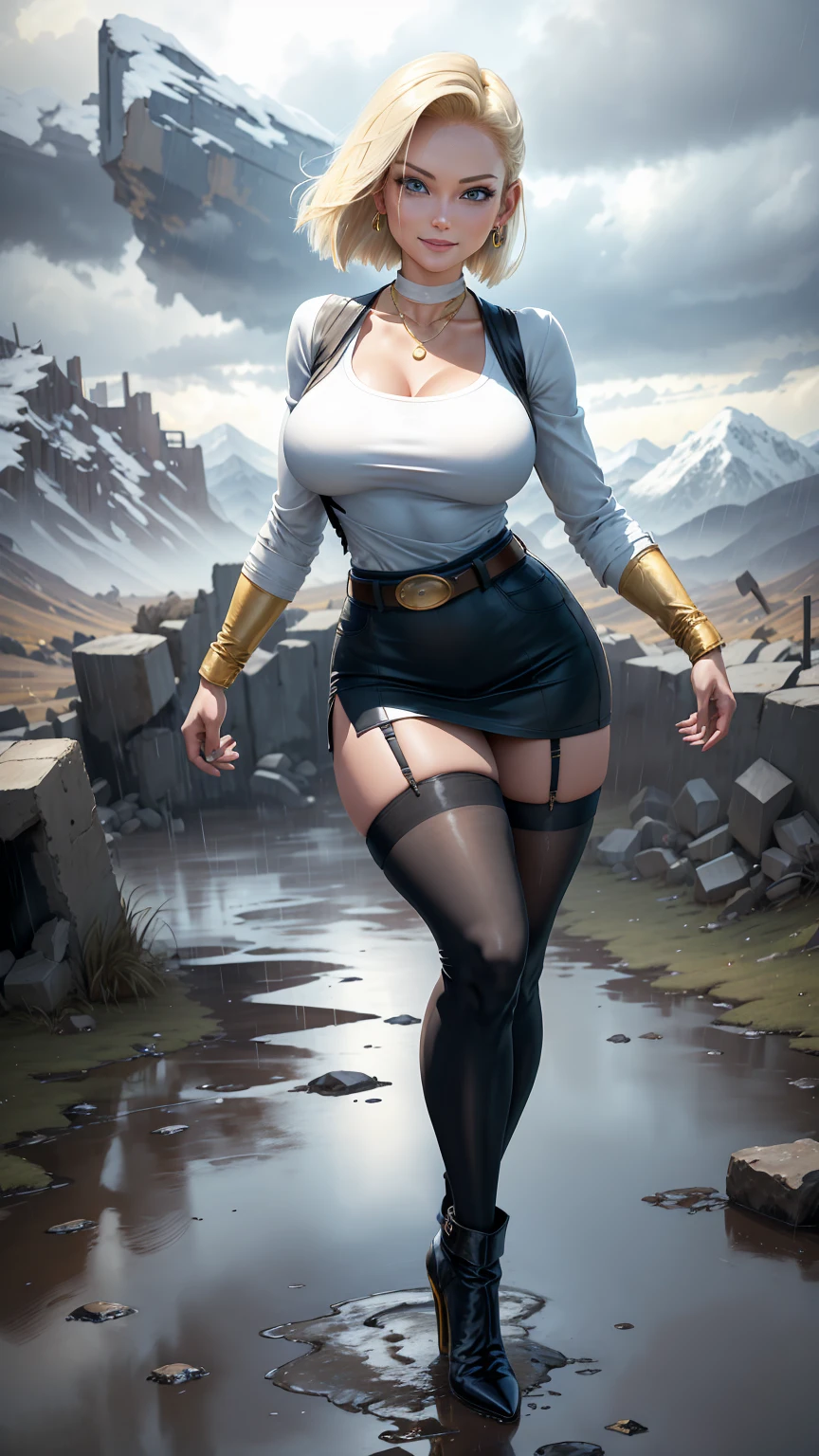 best quality, highres, and18, 1girl, android 18, solo girl, 1girl, blonde hair, blue eyes, belt, high heels, black long bodycon skirt, gold necklace, white blouse, short hair, blue sweater, earrings, medium breasts, cowboy shot, mountains, straight-on, (weather: raining and windy), wet body, sexy smile, combat stance, thigh high stockings, garter belt, battle ruins, wide hips, thick legs, torn clothes, closed fists, hair pin,