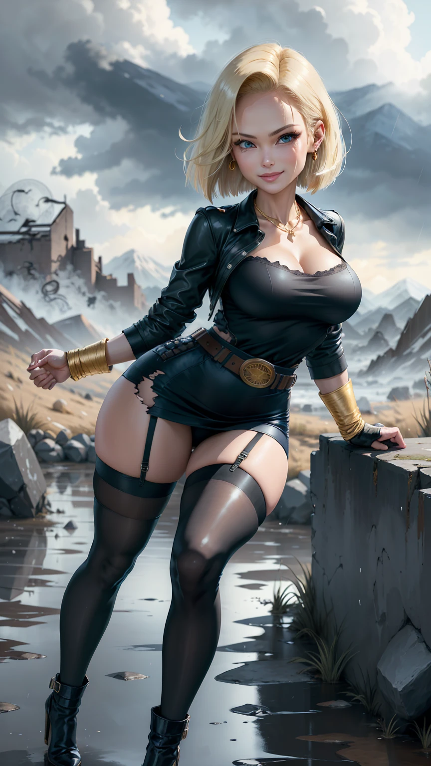 best quality, highres, and18, 1girl, android 18, solo girl, 1girl, blonde hair, blue eyes, belt, high heels, black long bodycon skirt, gold necklace, white blouse, short hair, blue sweater, earrings, medium breasts, cowboy shot, mountains, straight-on, (weather: raining and windy), wet body, sexy smile, combat stance, thigh high stockings, garter belt, battle ruins, wide hips, thick legs, torn clothes, closed fists, hair pin,