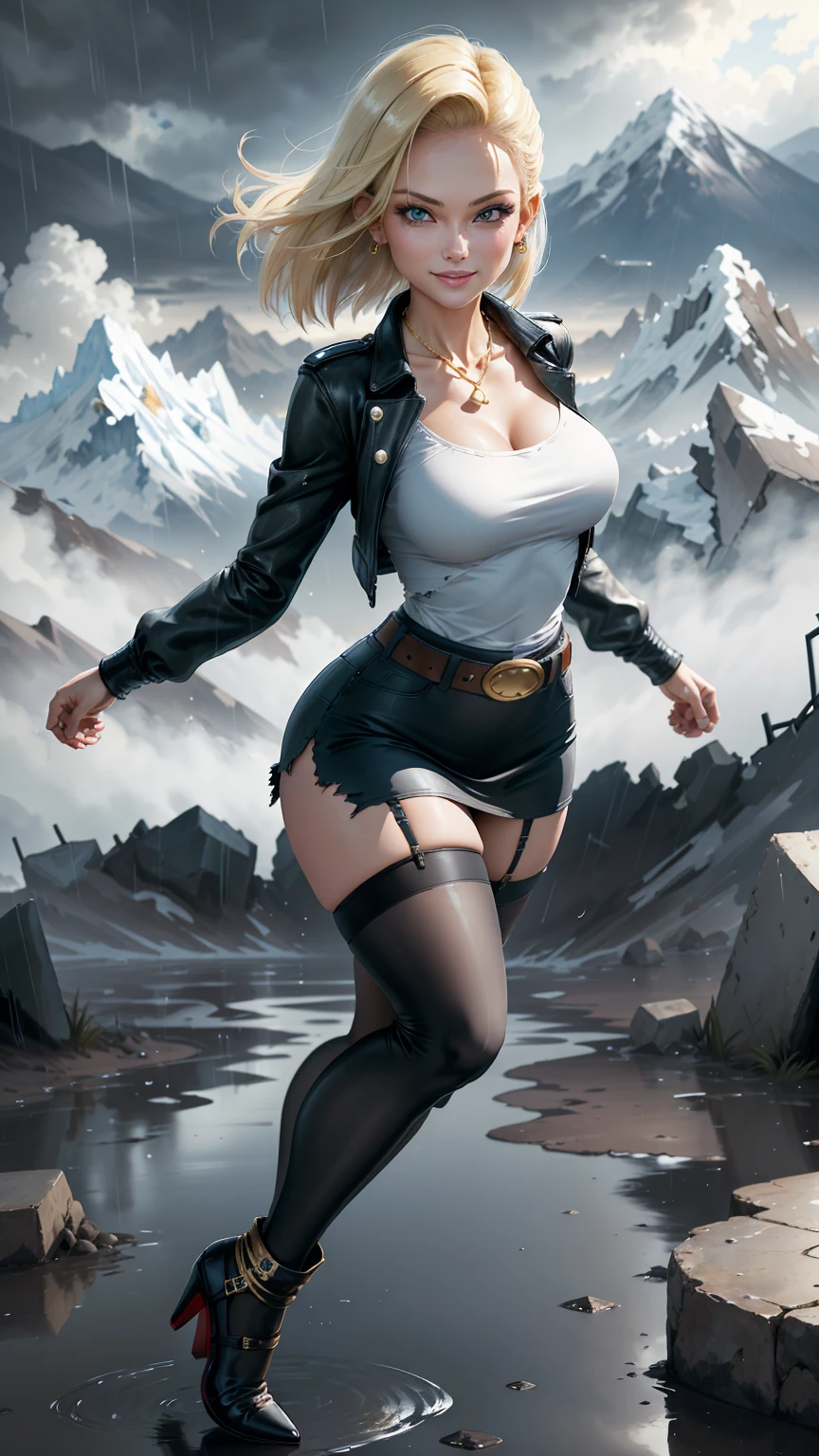 best quality, highres, and18, 1girl, android 18, solo girl, 1girl, blonde hair, blue eyes, belt, high heels, black long bodycon skirt, gold necklace, white blouse, short hair, blue sweater, earrings, medium breasts, cowboy shot, mountains, straight-on, (weather: raining and windy), wet body, sexy smile, combat stance, thigh high stockings, garter belt, battle ruins, wide hips, thick legs, torn clothes, closed fists, hair pin,