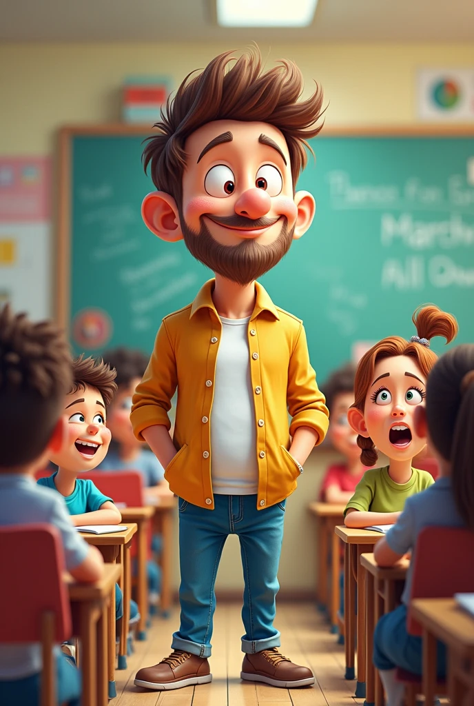 A cartoonist AI image of male teacher with the background of school students