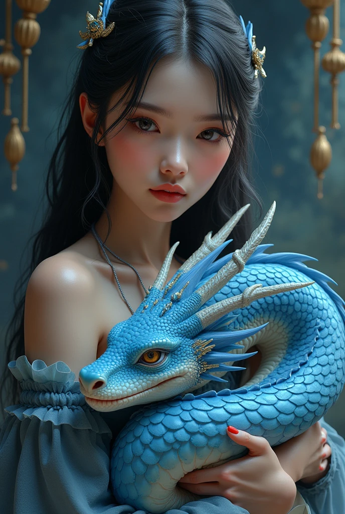 a close up of a statue of a Indonesian woman holding a dragon, a detailed painting, by Chen Lin, fantasy art, blue realistic 3 d render, guweiz, resting, beautiful avatar pictures, smooth chinese dragon, beautiful intricate masterpiece, detailed and soft, with blue skin, beautiful and realistic
