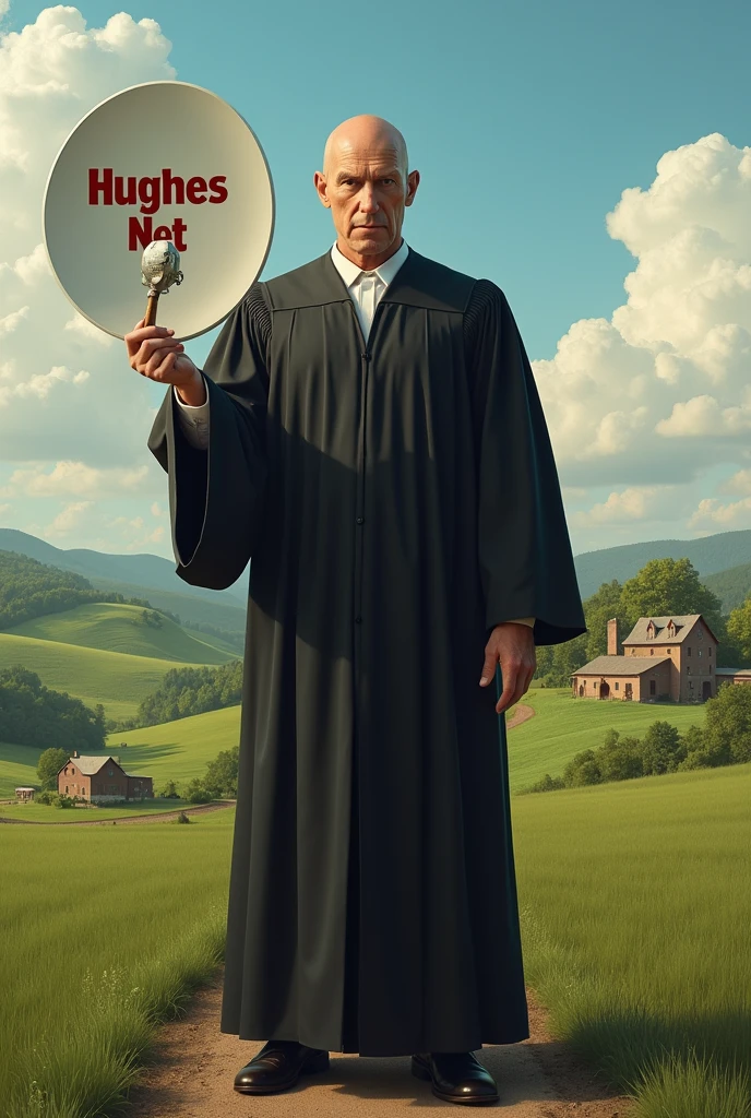 Bald man in judge outfit on a farm holding a round antenna with HUGHES NET written on it